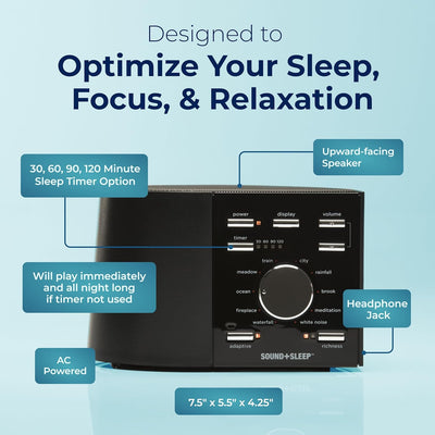 Sound+Sleep Alta Affidabilità del sonno Macchina del suono ad alta fedeltà con veri suoni naturali senza interruzione del flusso, suoni di ventole, rumore bianco e tecnologia audio adattiva.