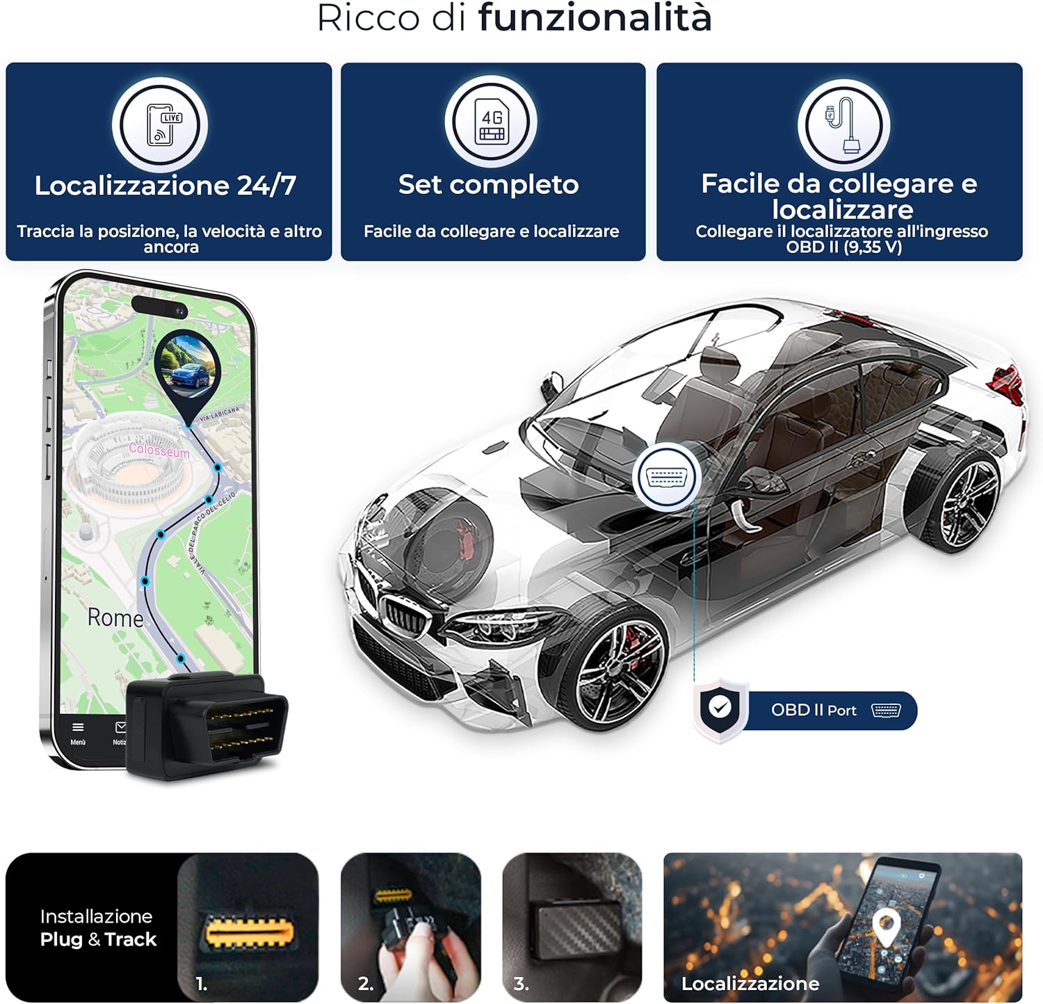 Salind 08 4G, OBD GPS Tracker, Localizzatore per Auto, Camion e Altri Veicoli, Geocalizzatore Gps con App e Connessione Diretta alla Presa OBD, Monitoraggio Percorso in Tempo Reale Tramite App
