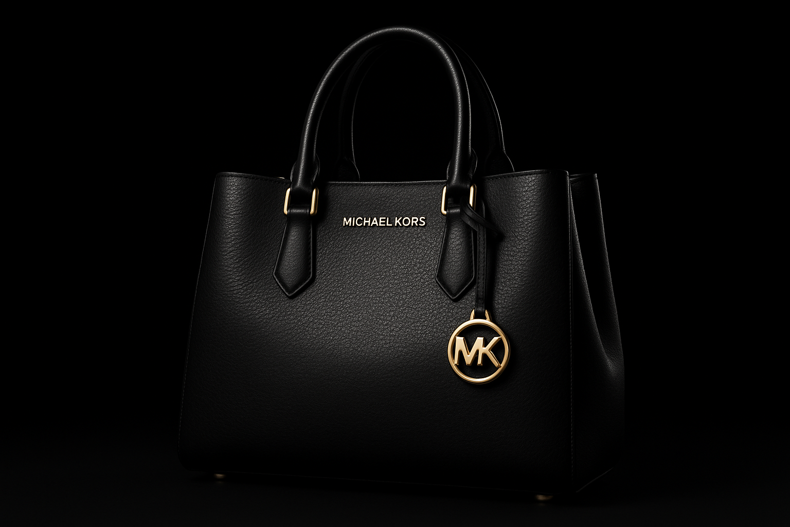 Borsa michael kors nera ultrarealistica su sfondo nero