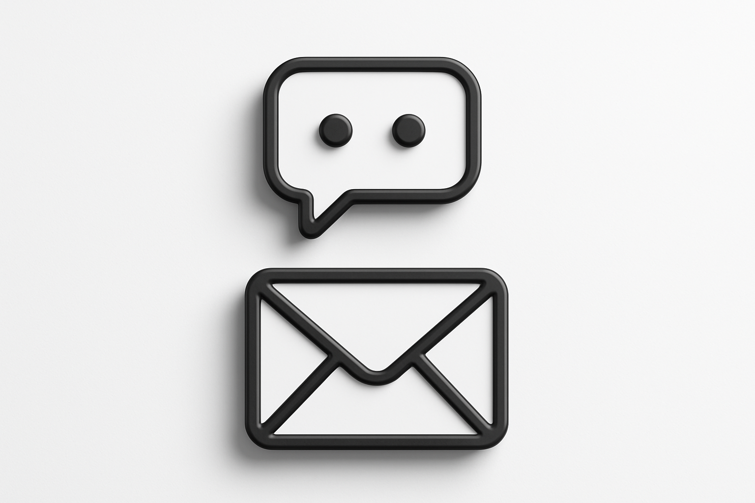 su sfondo bianco un icona di un messaggio e sotto un icona di un email con design 3d con brand idendity bianco e nero